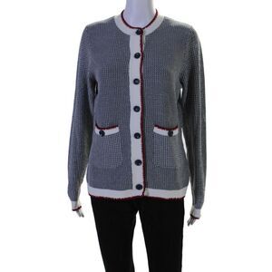 September Womens Button Front Crew Neck Cardigan Sweater Navy White Red Medium